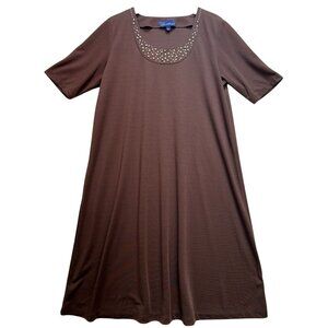Susan Graver Women's Knit Beaded Dress Short Sleeve Stretch Size L Brown
